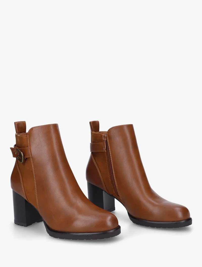 Bottines en simili et suédine à boucle métallique - Camel
