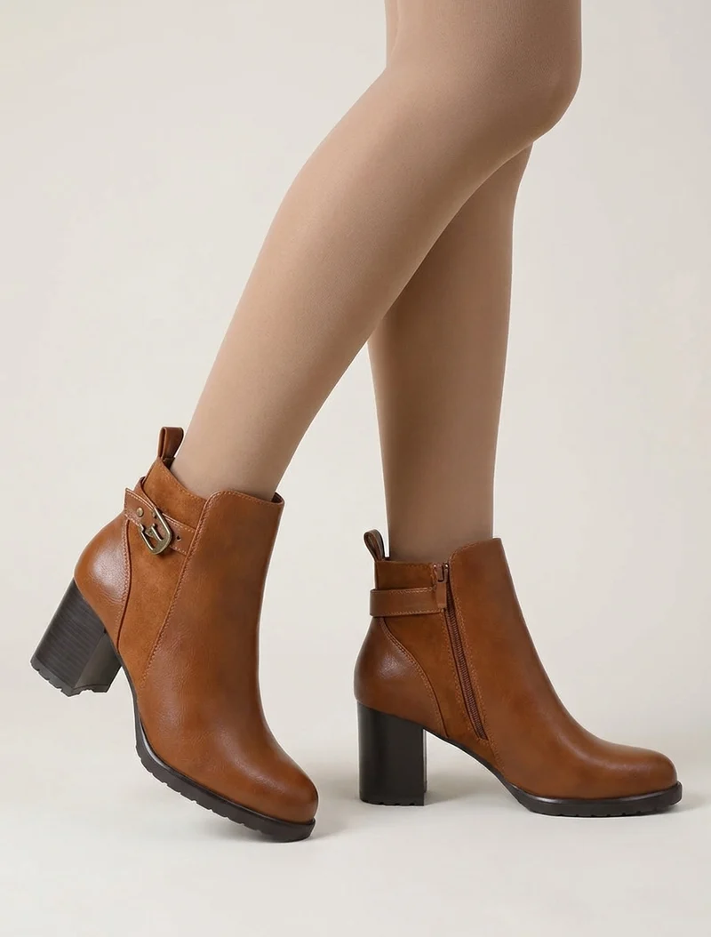 Bottines en simili et suédine à boucle métallique - Camel