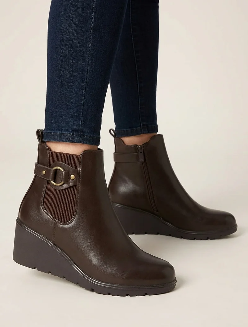 Bottines compensées en simili à boucle ronde - Marron