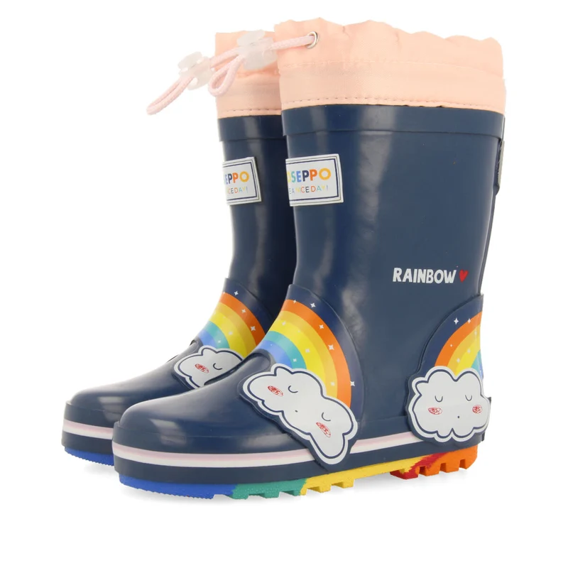 Unken children's navy blue welly boots with clouds and rainbows