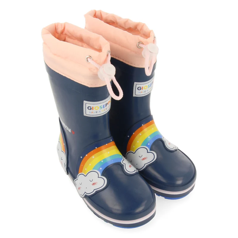 Unken children's navy blue welly boots with clouds and rainbows