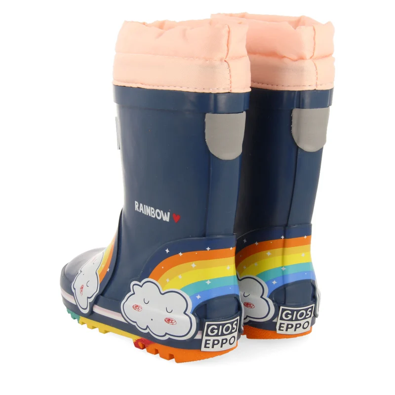 Unken children's navy blue welly boots with clouds and rainbows