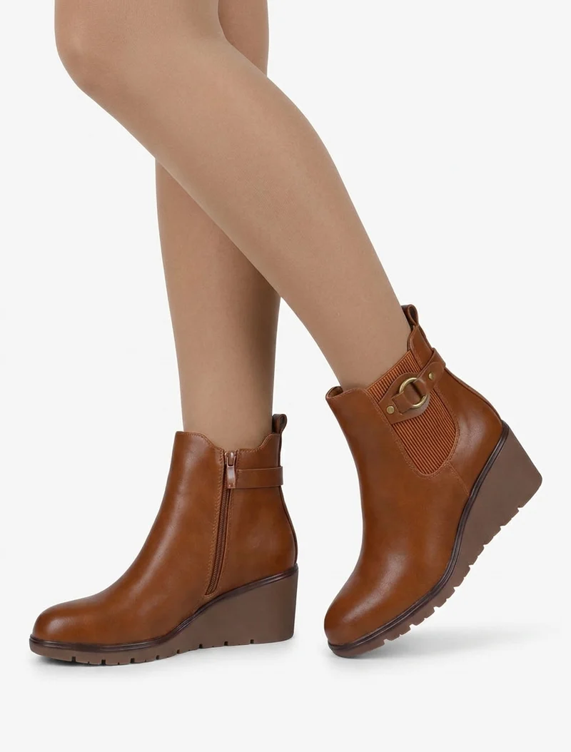 Bottines compensées en simili à boucle ronde - Camel