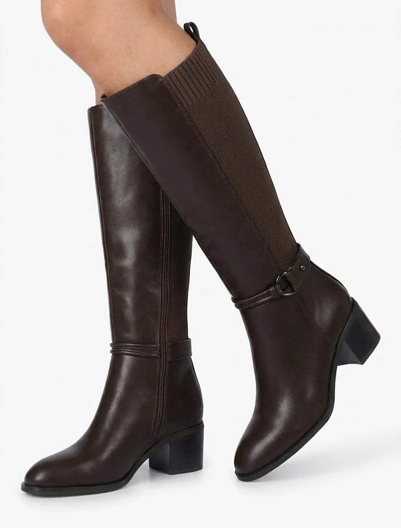 Bottes en simili et tissu à boucle ronde - Marron