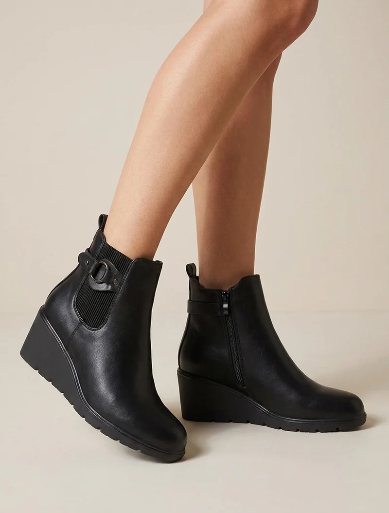 Bottines compensées en simili à boucle ronde - Noir