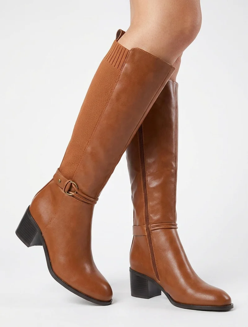 Bottes en simili et tissu à boucle ronde - Camel