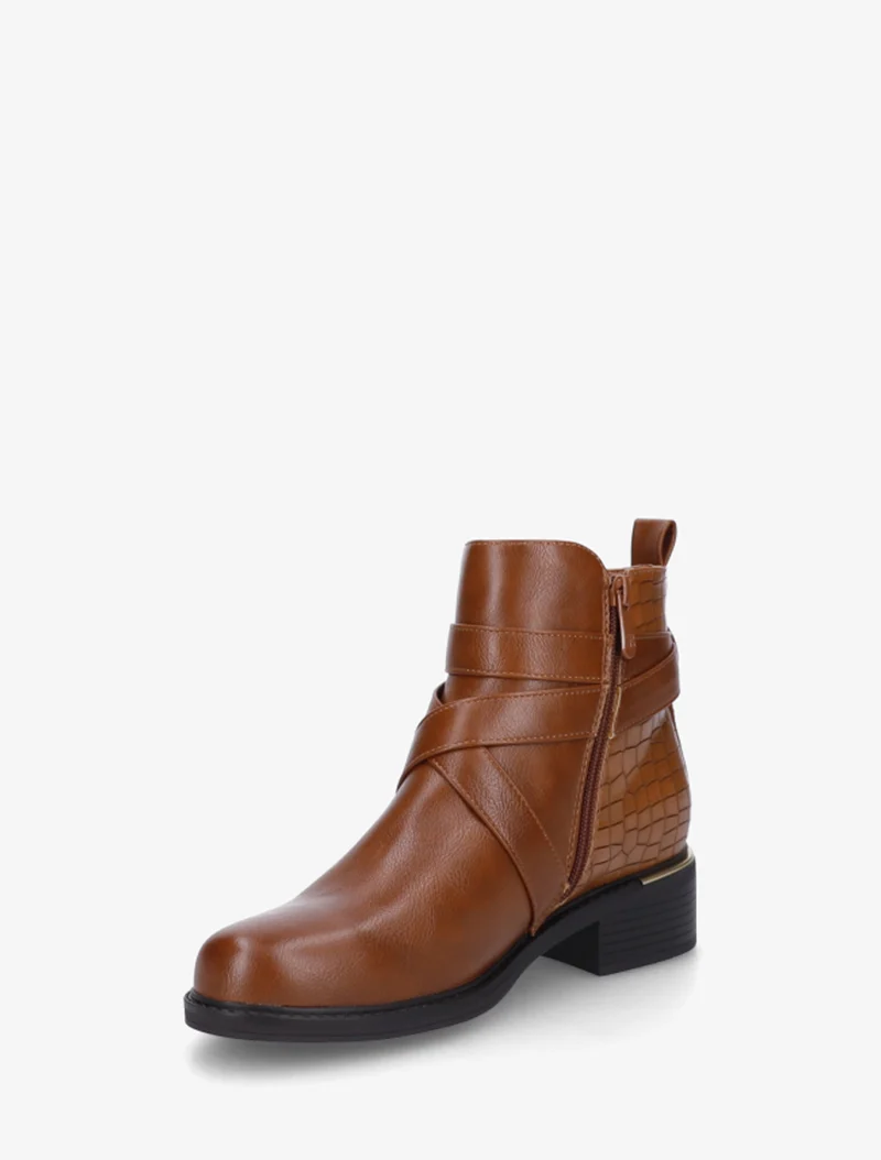 Bottines imprimé croco à sangles croisées - Camel
