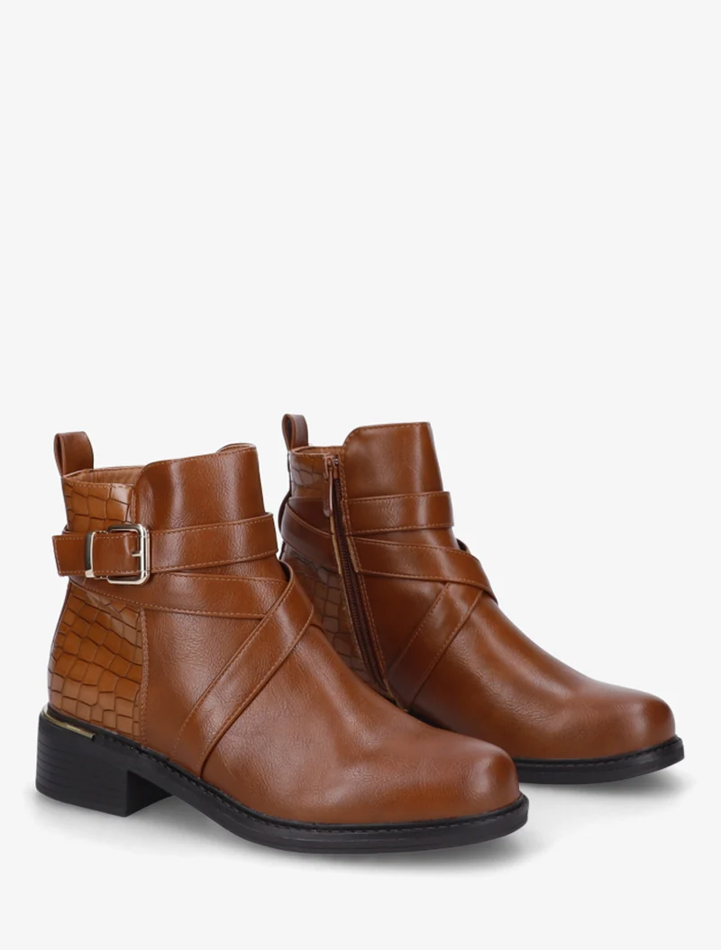 Bottines imprimé croco à sangles croisées - Camel
