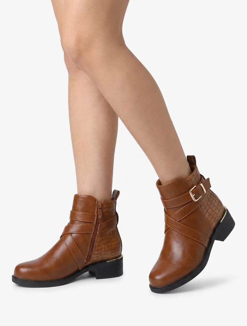 Bottines imprimé croco à sangles croisées - Camel