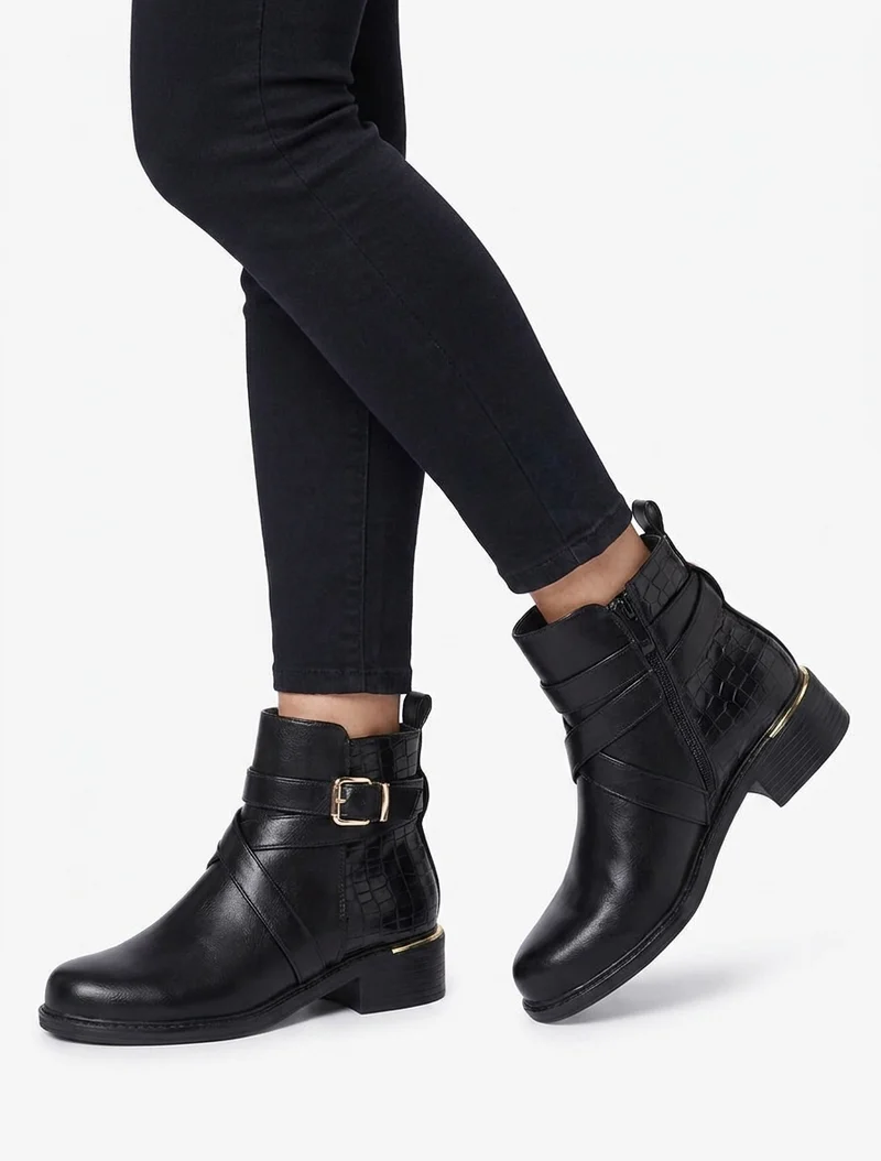 Bottines imprimé croco à sangles croisées - Noir