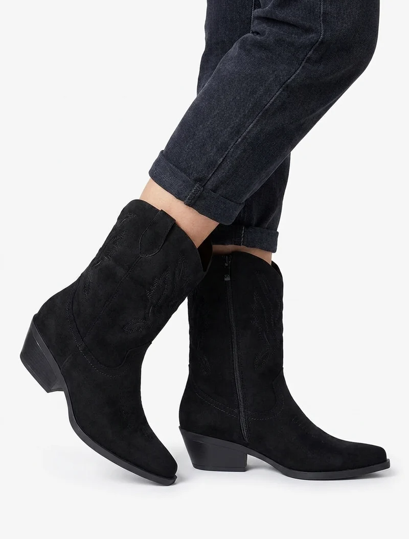 Bottines style santiags en suédine - Noir