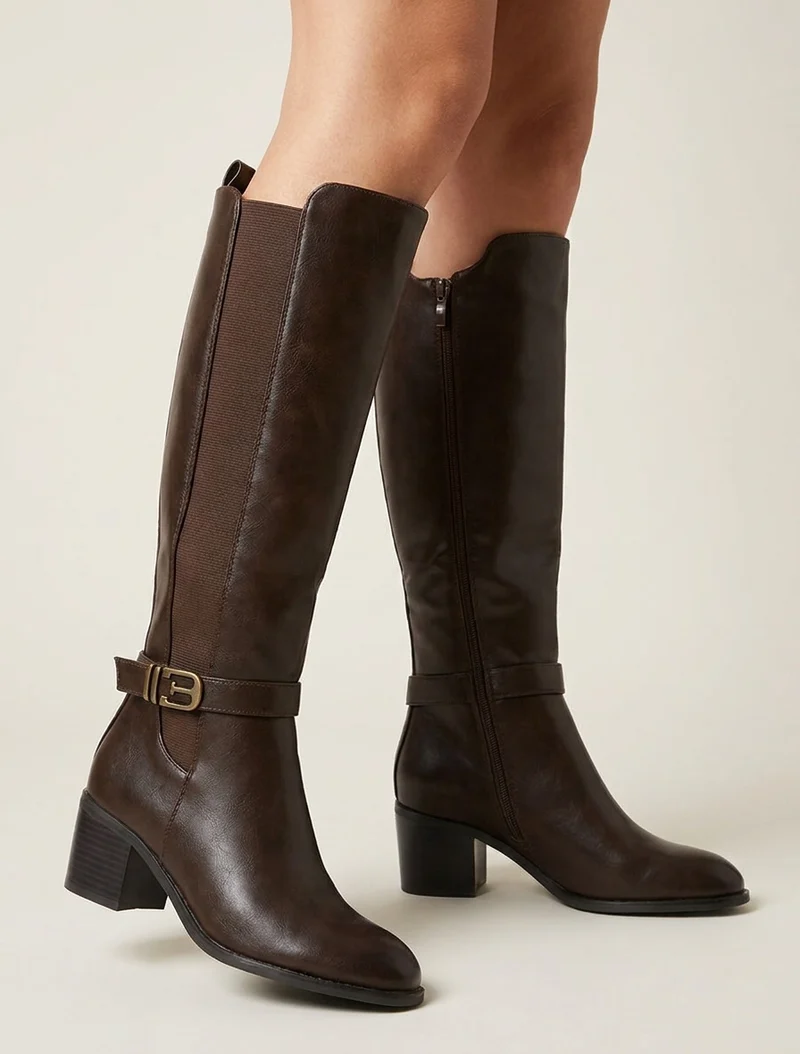 Bottes élastiquées en simili à boucle fantaisie - Marron