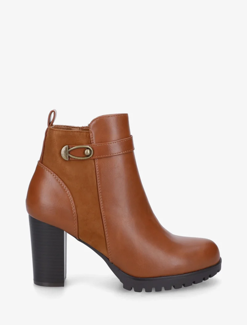 Bottines à empiècement en suédine et talon haut - Camel