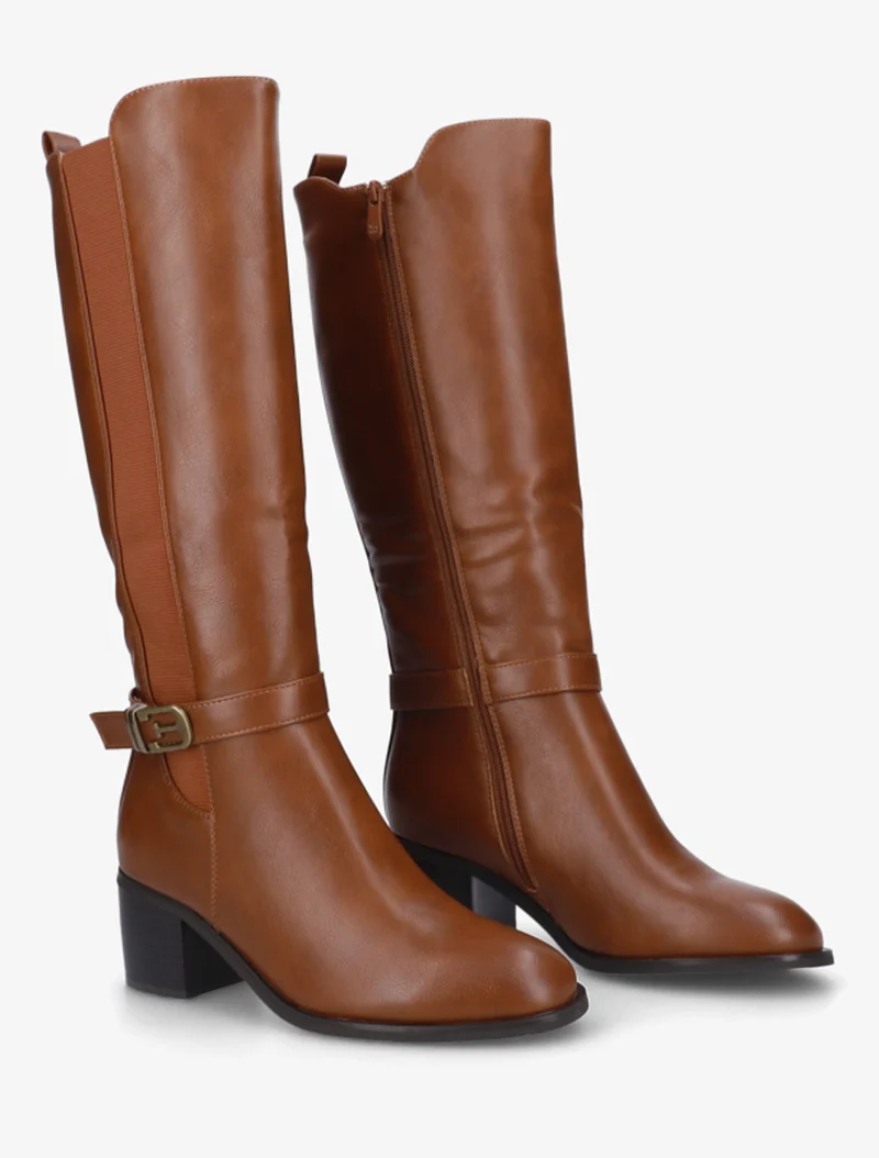 Bottes élastiquées en simili à boucle fantaisie - Camel