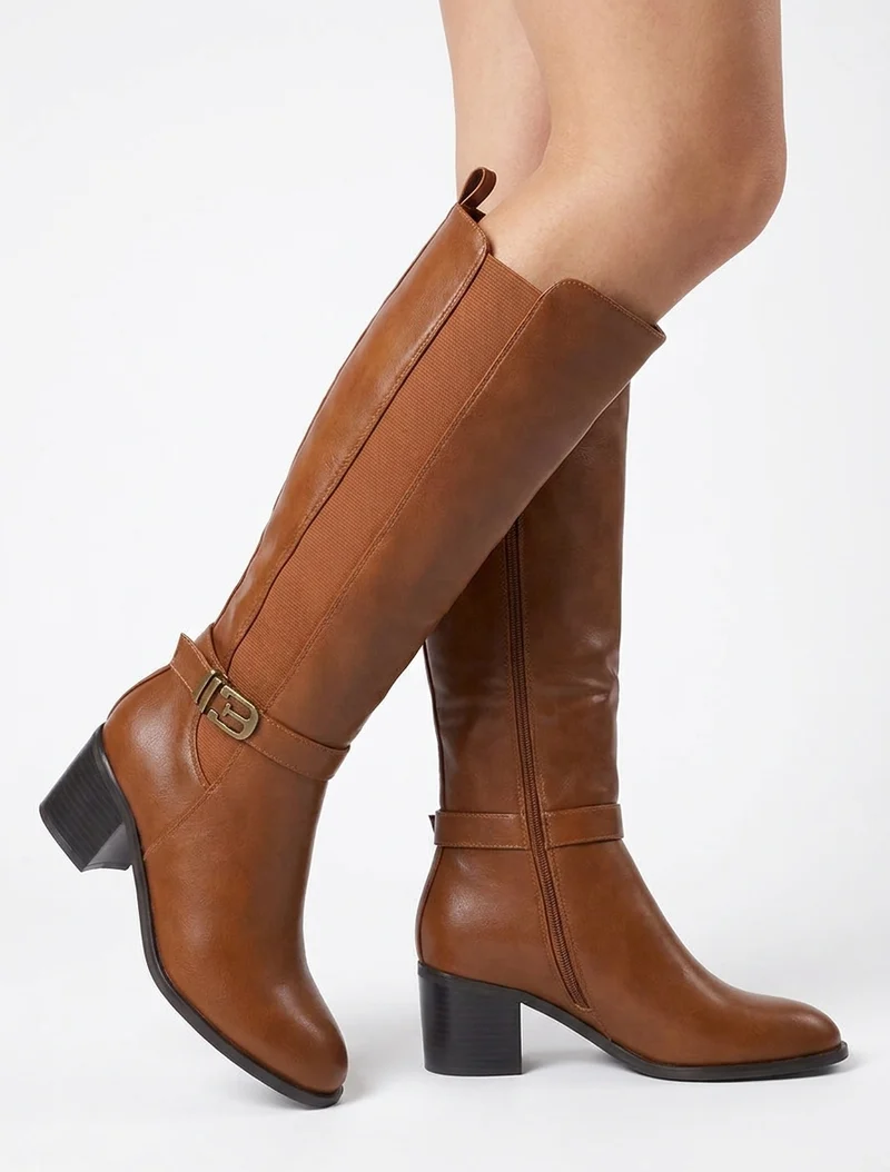 Bottes élastiquées en simili à boucle fantaisie - Camel