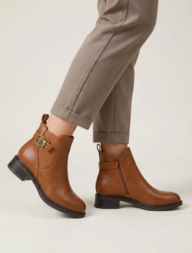 Bottines en simili à cheville élastiquée - Camel