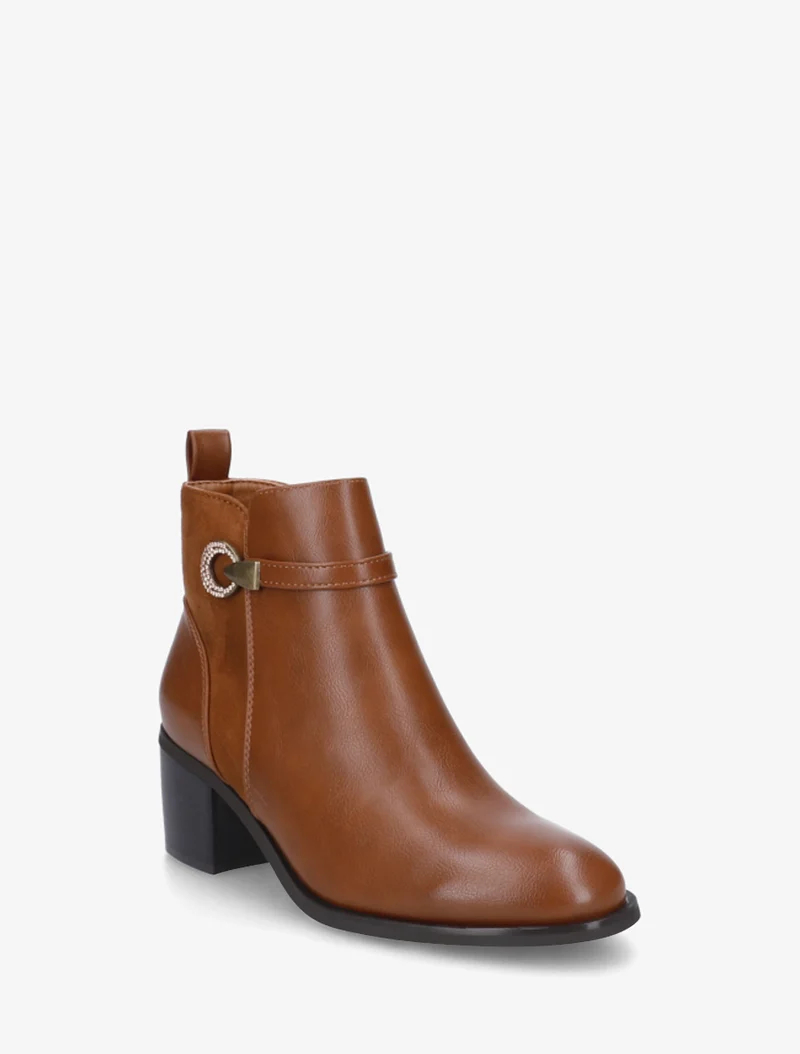 Bottines bimatière à boucle strassée - Camel