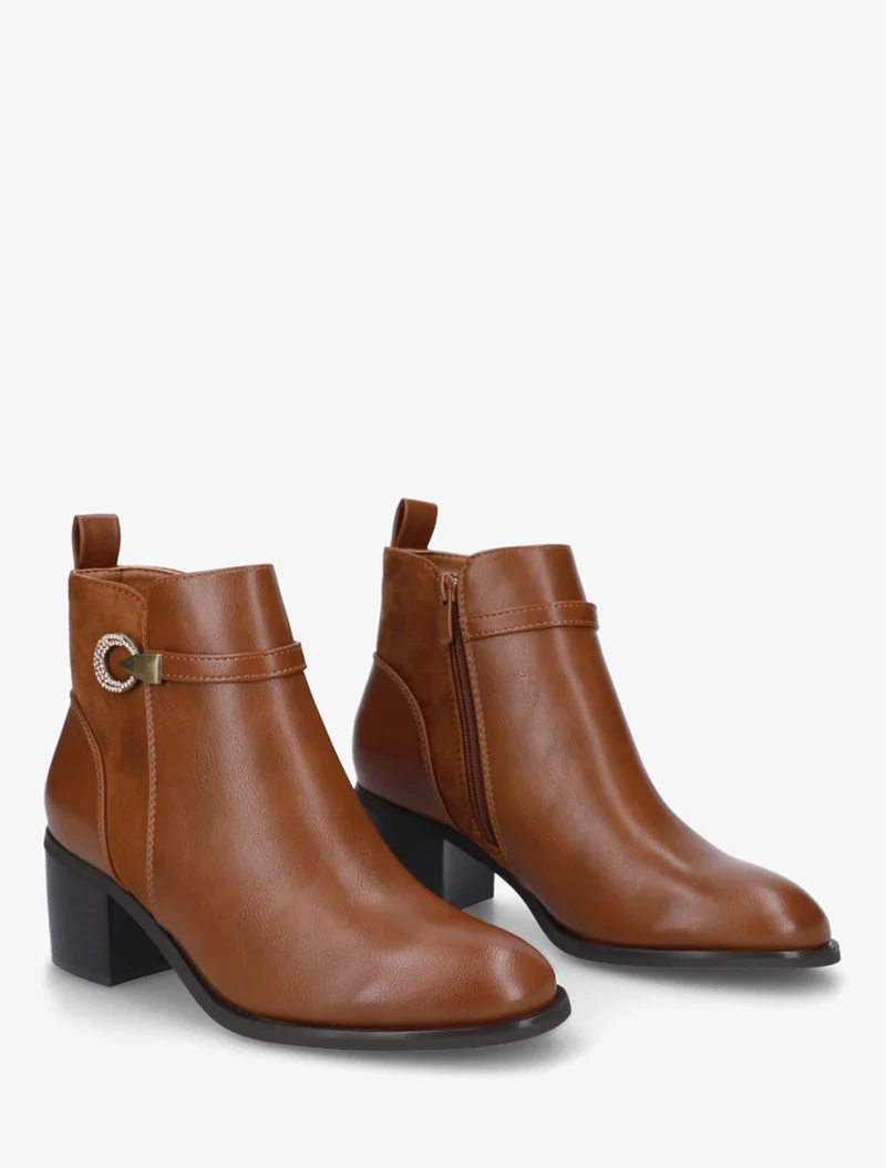 Bottines bimatière à boucle strassée - Camel