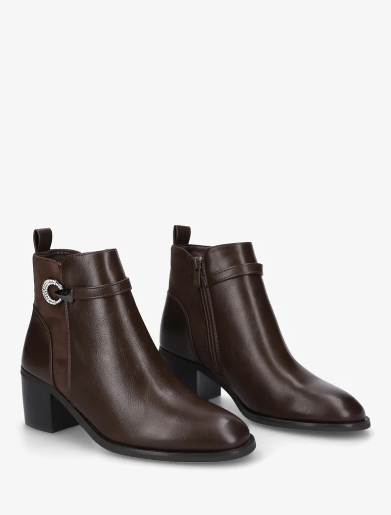 Bottines bimatière à boucle strassée - Marron
