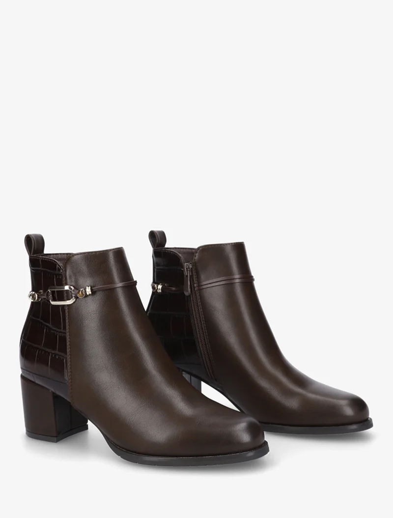 Bottines empiècement croco et bijoux métalliques - Marron