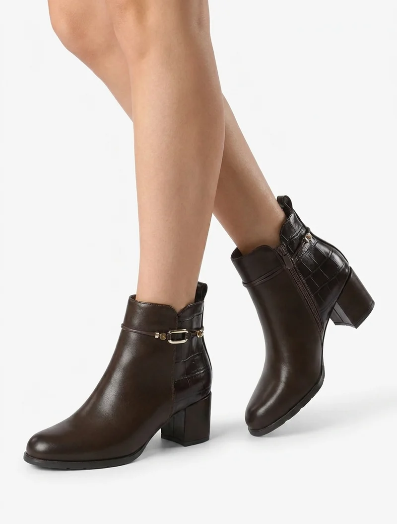 Bottines empiècement croco et bijoux métalliques - Marron