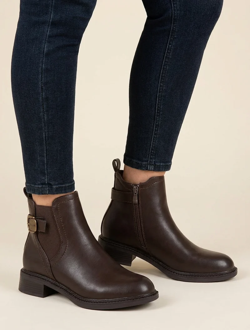 Bottines en simili à cheville élastiquée - Chocolat