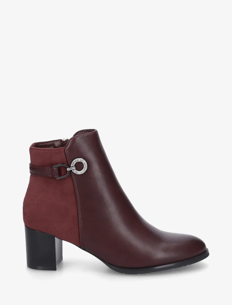 Bottines bimatière à boucle strassée - Bordeaux