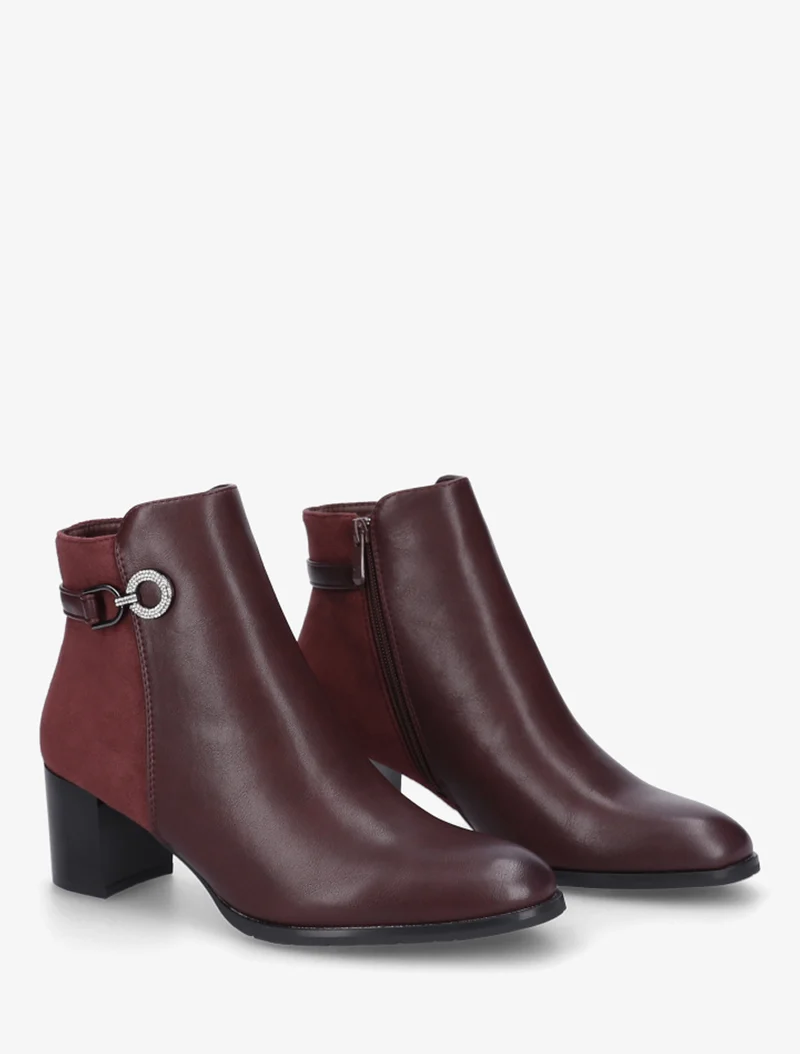 Bottines bimatière à boucle strassée - Bordeaux