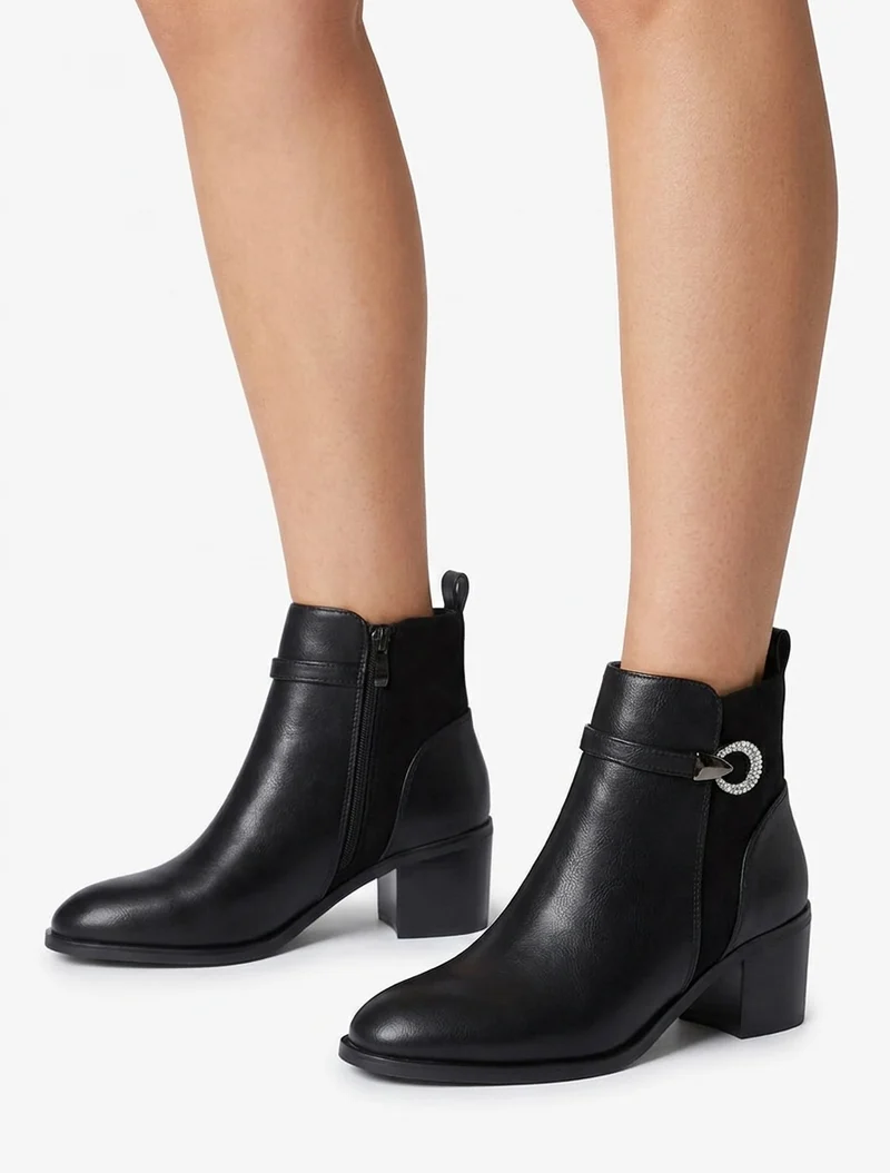 Bottines bimatière à boucle strassée - Noir