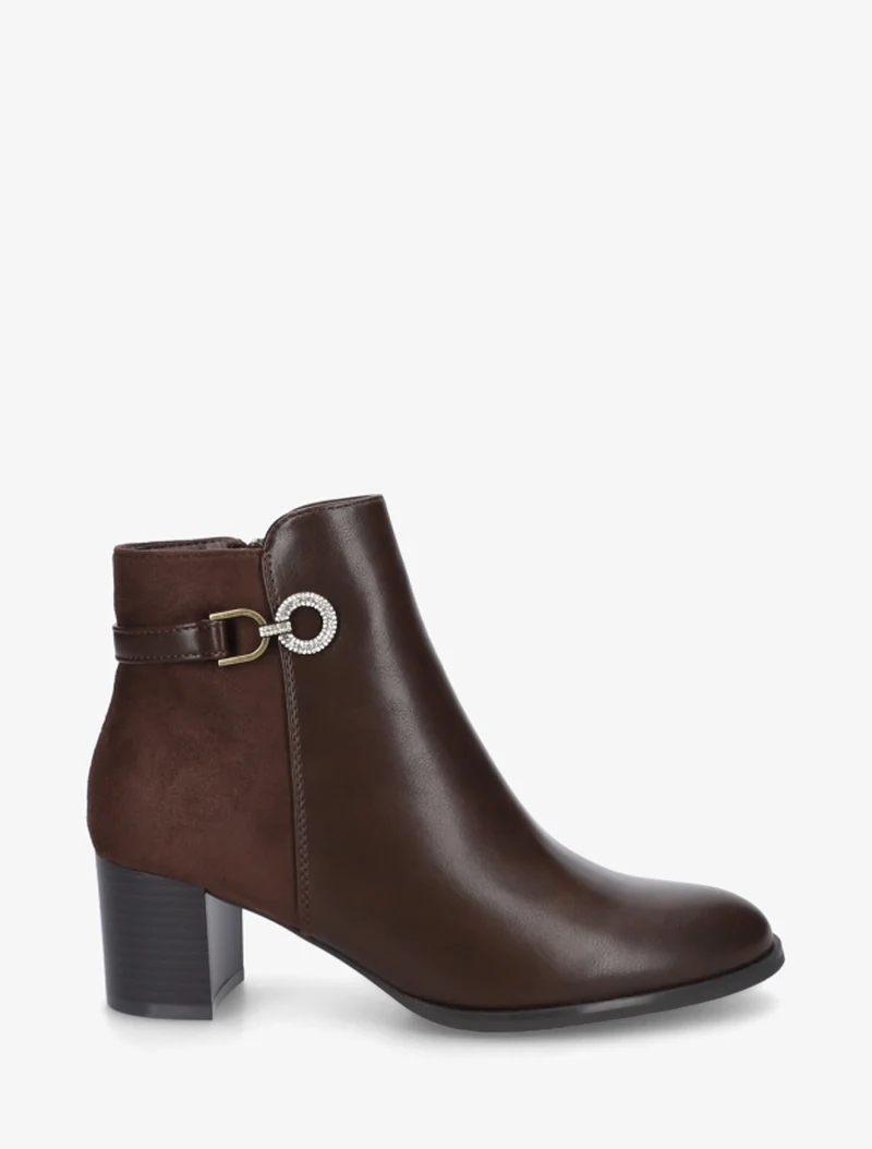 Bottines bimatière à boucle strassée - Marron