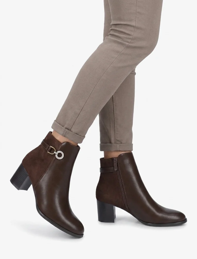 Bottines bimatière à boucle strassée - Marron