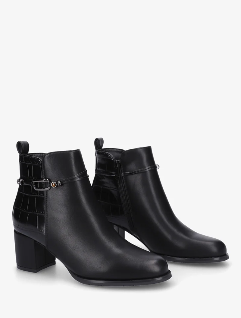 Bottines empiècement croco et bijoux métalliques - Noir
