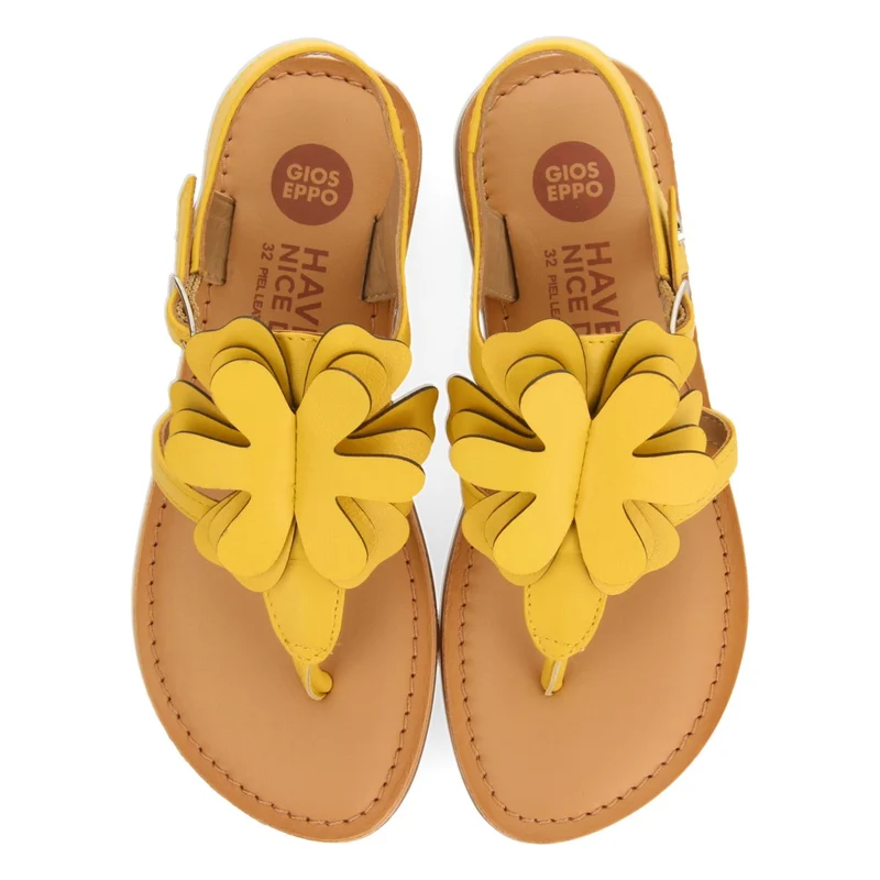 YELLOW LEATHER GREEK-STYLE SANDALS WITH FLOWER DECORATION FOR GIRL AND BOY SUKE