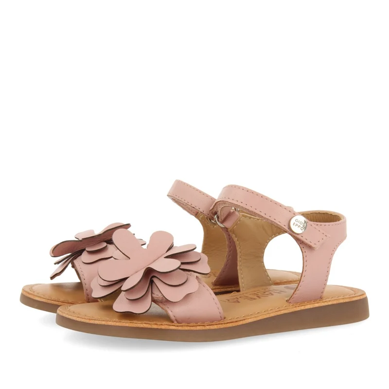 PINK LEATHER SANDALS WITH FLOWER EMBELLISHMENT FOR GIRL AND BOY TAKILMA