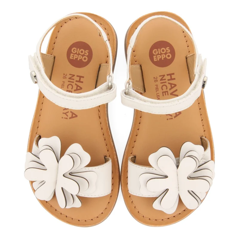 WHITE LEATHER SANDALS WITH FLOWER EMBELLISHMENT FOR GIRL AND BOY TAKILMA