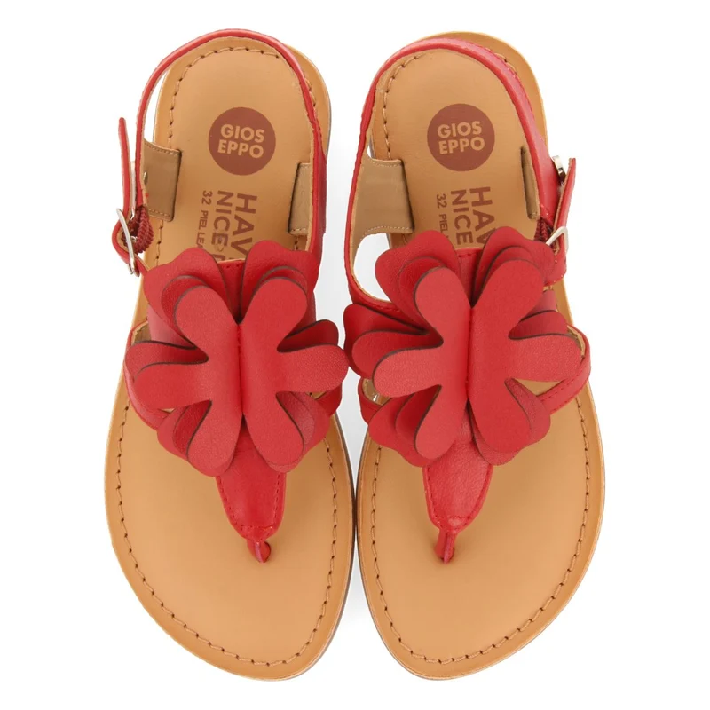 RED LEATHER GREEK-STYLE SANDALS WITH FLOWER EMBELLISHMENT FOR GIRL AND BOY SUKE