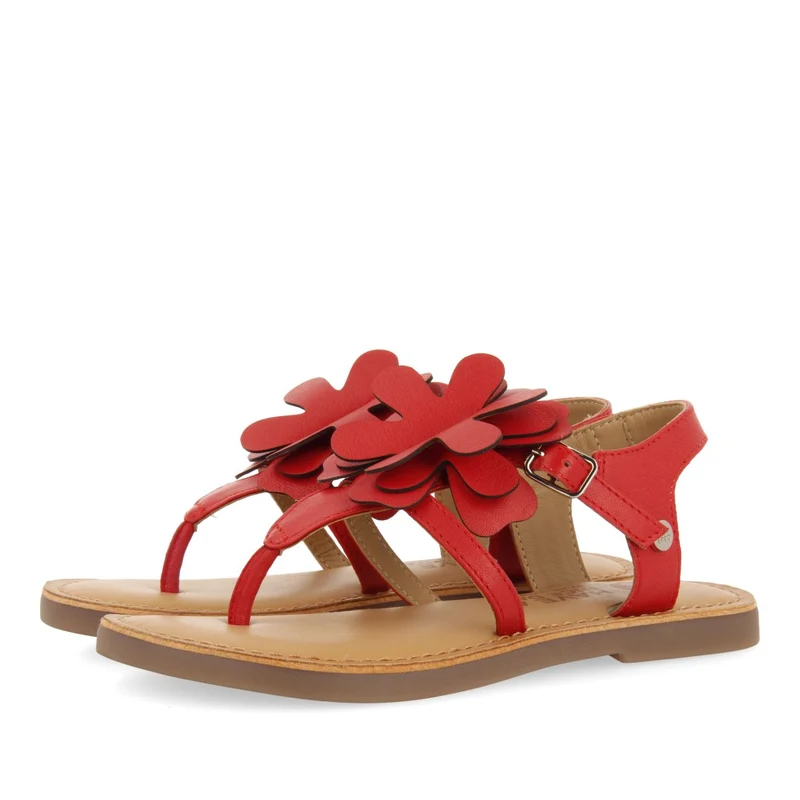 RED LEATHER GREEK-STYLE SANDALS WITH FLOWER EMBELLISHMENT FOR GIRL AND BOY SUKE