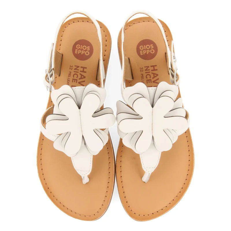 WHITE LEATHER GREEK STYLE SANDALS WITH FLOWER DECORATION FOR GIRL AND BOY SUKE