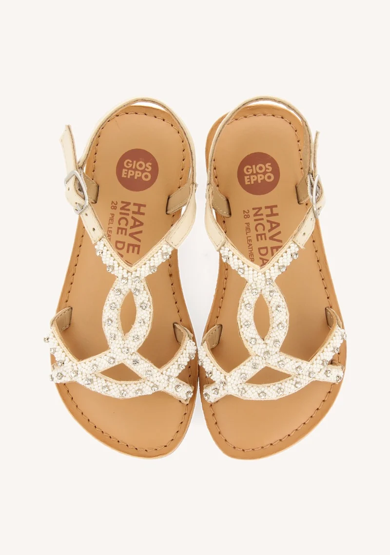 WHITE LEATHER SANDALS WITH BEAD EMBELLISHMENT FOR GIRL AND BOY LAZARAT