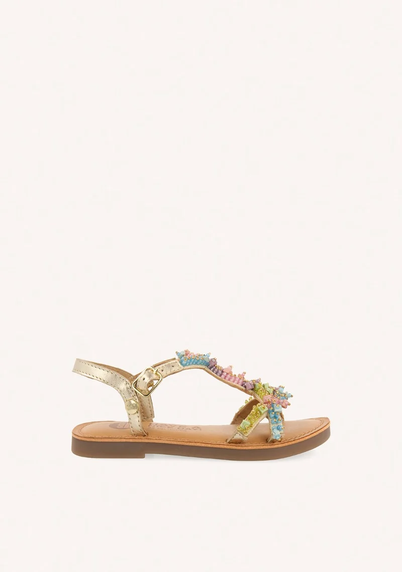 GOLDEN LEATHER SANDALS WITH MULTICOLOR BEAD EMBELLISHMENTS FOR GIRL AND BOY TICE