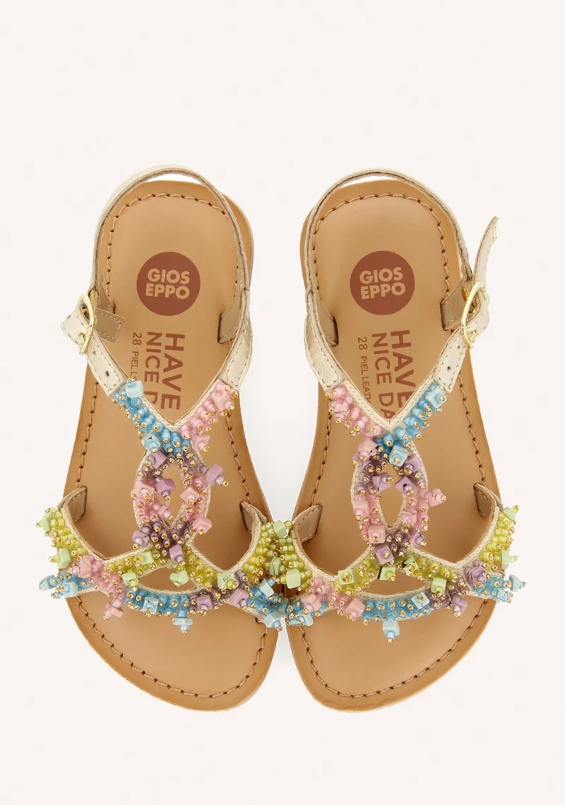 GOLDEN LEATHER SANDALS WITH MULTICOLOR BEAD EMBELLISHMENTS FOR GIRL AND BOY TICE