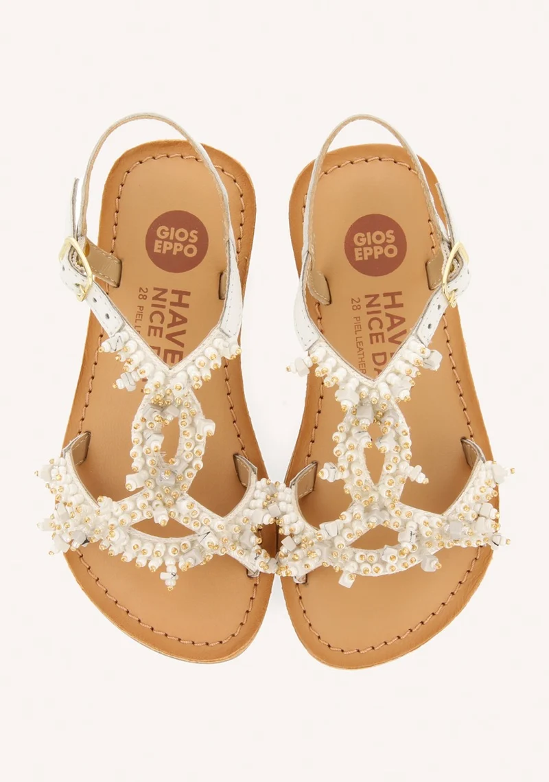 WHITE LEATHER SANDALS WITH BEAD EMBELLISHMENTS FOR GIRL AND BOY TICE