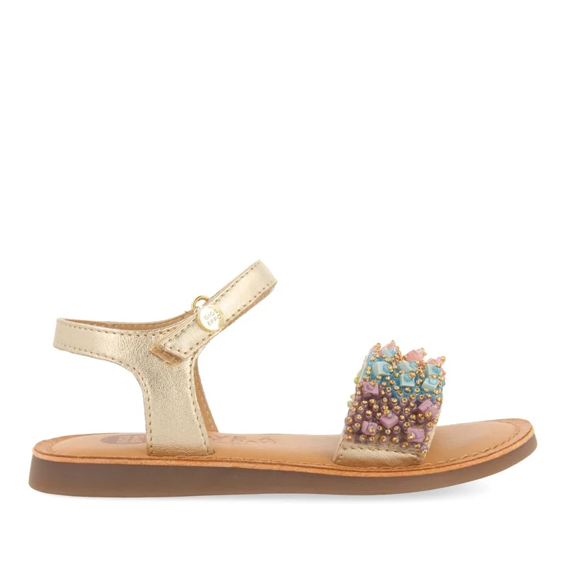GOLDEN LEATHER SANDALS WITH MULTICOLOR BEAD EMBELLISHMENTS FOR GIRL AND BOY BLESLE