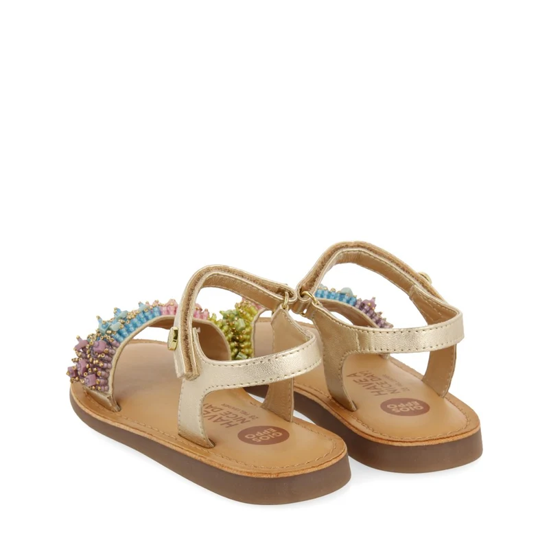GOLDEN LEATHER SANDALS WITH MULTICOLOR BEAD EMBELLISHMENTS FOR GIRL AND BOY BLESLE