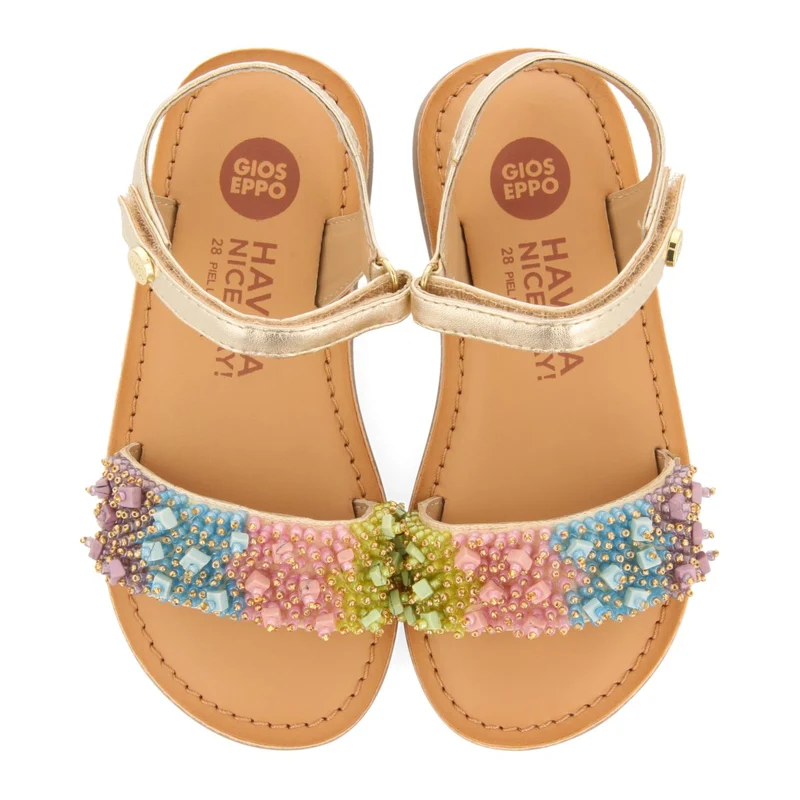 GOLDEN LEATHER SANDALS WITH MULTICOLOR BEAD EMBELLISHMENTS FOR GIRL AND BOY BLESLE