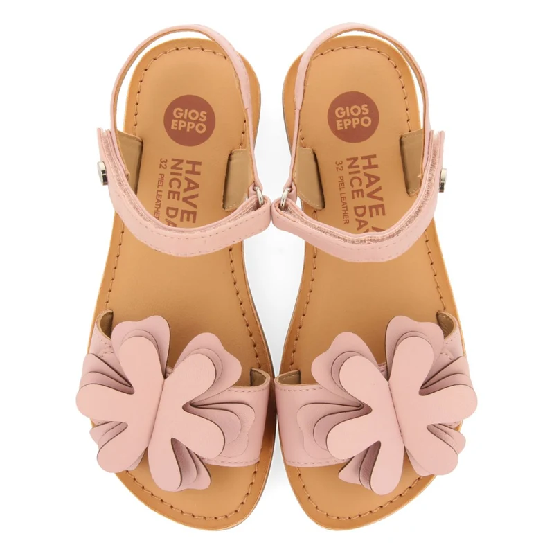 PINK LEATHER SANDALS WITH FLOWER EMBELLISHMENT FOR GIRL AND BOY CRES