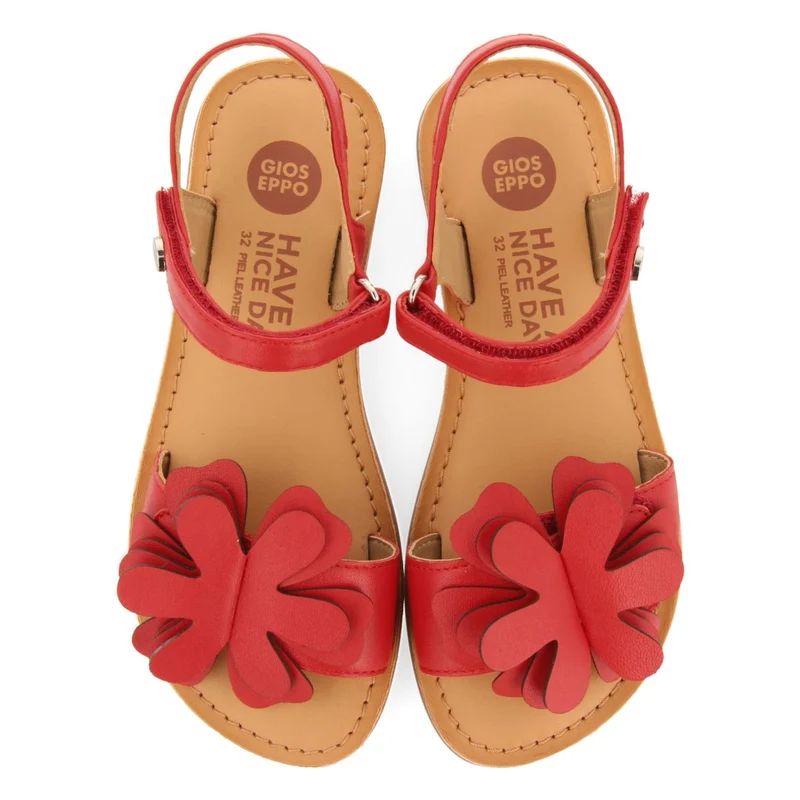 RED LEATHER SANDALS WITH FLOWER EMBELLISHMENT FOR GIRL AND BOY CRES