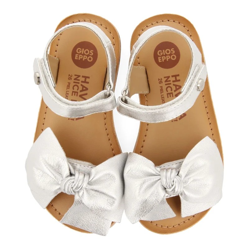 SILVER LEATHER SANDALS WITH BOW FOR GIRL AND BOY DELONICE
