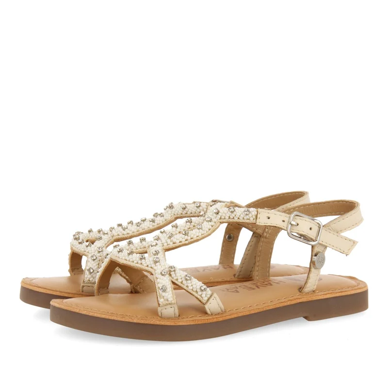 WHITE LEATHER SANDALS WITH BEAD EMBELLISHMENT FOR GIRL AND BOY LAZARAT