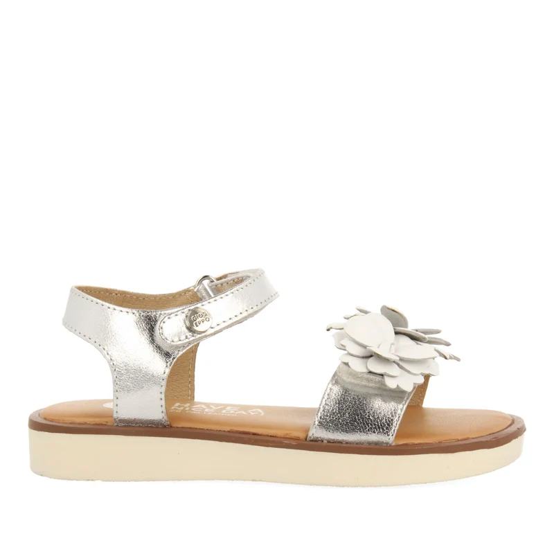 SILVER LEATHER SANDALS WITH FLOWER DECORATION FOR GIRL AND BOY NEHALEM
